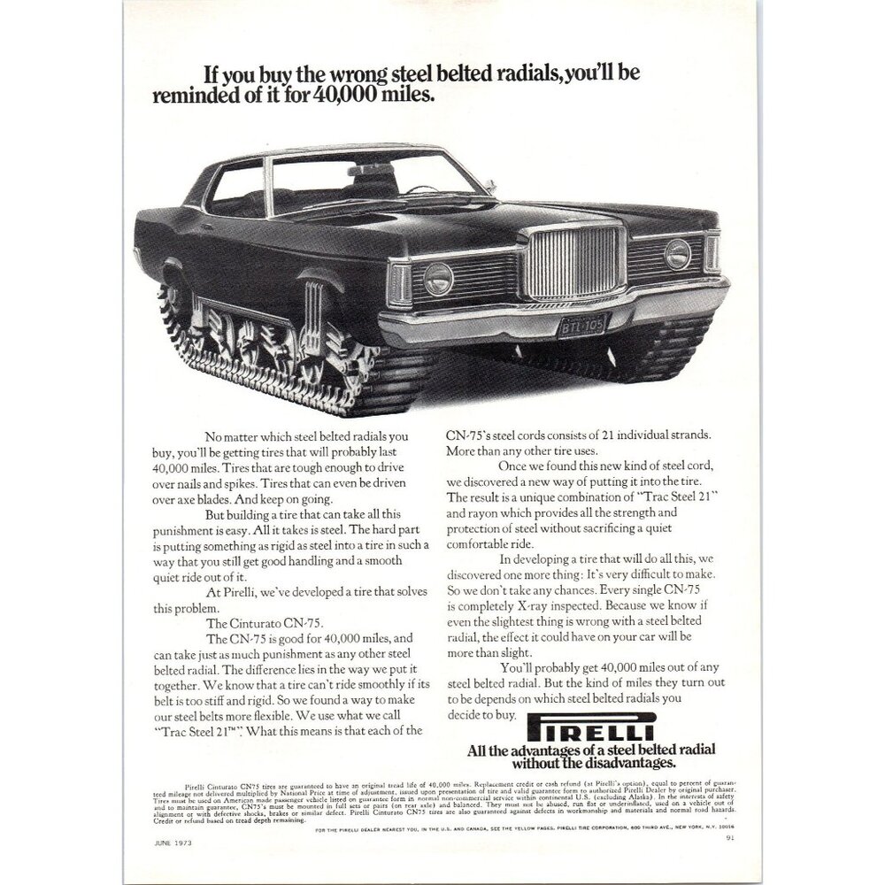 1973 Pirelli Cinturato CN-75 Tire Vintage Print Ad Army Tank Tracks Wall Art